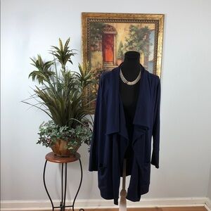 Chico’s Synergy Navy Women's Wrap Cadigan Blue Long Sleeve One Button Lagenlook